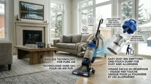 Graphic showing the one-touch easy empty dust bin of a bagless upright vacuum with bilingual English and French instructions for quick disposal.
