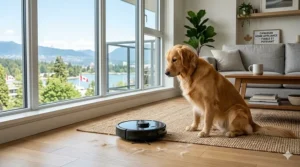 A WiFi robot vacuum cleaning pet hair near a Golden Retriever in a cozy Vancouver-style condo.