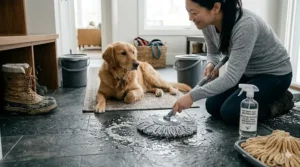 A person using a pet-safe mop for winter salt removal to protect a golden retriever from harmful floor residue.