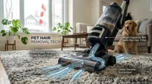 Illustration of an upright vacuum removing deep-set pet hair from a dense Canadian wool rug.