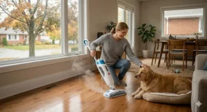 A photorealistic 4K wide-angle photograph of a woman cleaning a floor with a steam mop near a relaxed golden retriever, highlighting pet-safe cleaning for Canadian homes.