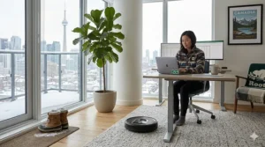 A quiet WiFi robot vacuum cleaning a home office while a professional works remotely in Toronto.
