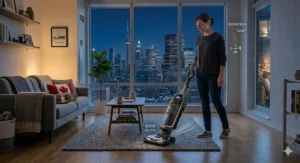 A photorealistic scene of a resident vacuuming an apartment at night in a Canadian city, showing a sleeping cat and a neighbor undisturbed, highlighting noise-reduction technology.