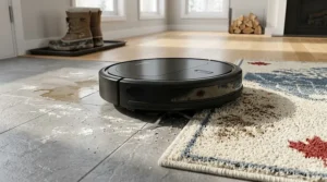 Close-up of a WiFi robot vacuum moving from a tiled entryway to a thick area rug, perfect for Canadian winters.