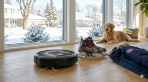 A WiFi robot vacuum navigating around a pair of hockey skates and a winter coat on the floor.
