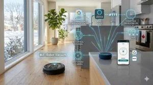 Icons showing a WiFi robot vacuum connected to smart home systems like Google Home and Amazon Alexa.