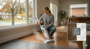 A photorealistic 4K wide-angle view showing a steam mop transitioning from maple hardwood to ceramic tile, demonstrating multi-surface versatility on sealed floors.