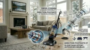 Visual demonstration of a bagless upright vacuum with swivel steering and maneuverability, effortlessly gliding around living room furniture.