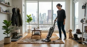 A high-detail shot of an upright vacuum cleaning dog hair and dried winter road salt from an entryway rug in a Canadian home.