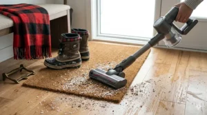 Illustration of a 2-in-1 vacuum cleaning dried road salt, grit, and winter debris from a durable Canadian mudroom entryway.