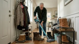 Illustration of a swivel-steering lightweight vacuum navigating around a coat rack and winter boots in a compact Canadian entryway.