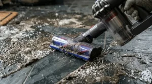 Close-up illustration of a vacuum brush head suctioning white road salt and melting brown slush from a hardwood floor.