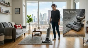 An illustration of a vacuum with a smart sensor transitioning from a plush rug to hardwood flooring, with bilingual "Carpet/Tapis" and "Floor/Plancher" indicators.