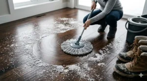 Close-up illustration of white calcium chloride salt stains and residue on Canadian maple hardwood flooring.