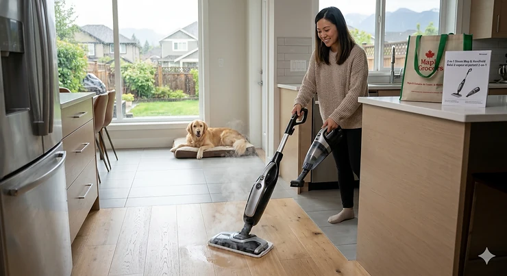 A person using a versatile 2-in-1 steam mop and handheld cleaner on hardwood floors in a modern Canadian kitchen, highlighting chemical-free cleaning.