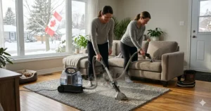 Illustration depicting a steam cleaner for upholstery and carpets removing dust mites and allergens from bedroom rugs.