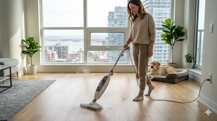 A person using a budget steam mop under $100 on light oak hardwood floors in a bright Toronto-style condo.
