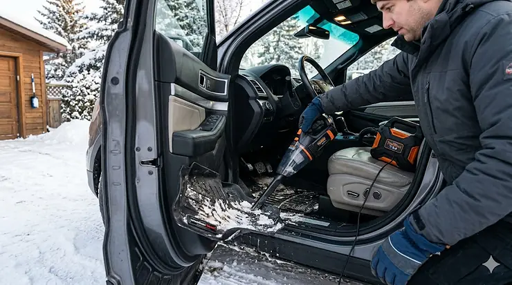 Alt text for image 1: A person using a powerful car vacuum for winter to remove road salt and slush from black rubber floor mats in a Canadian SUV.