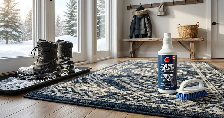 A clean entryway rug free of white residue, showing the effectiveness of the best carpet cleaner for salt stains in a Canadian home during winter.