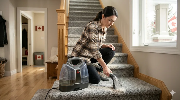 A person cleaning carpeted stairs in a Canadian home using a portable carpet cleaner to remove winter salt stains and dirt.