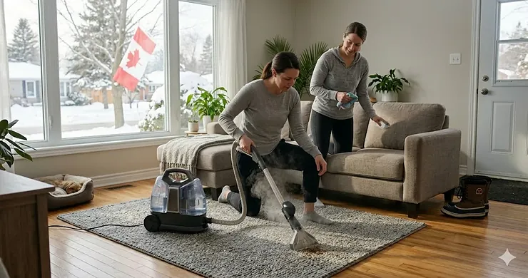 A person using a high-efficiency steam cleaner for upholstery and carpets in a modern Canadian living room with winter gear nearby.