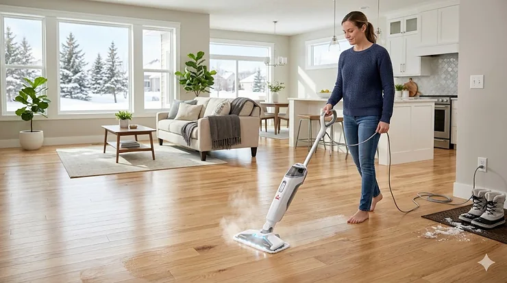 A person using the best steam mop to clean light oak hardwood floors in a modern Canadian home during winter.