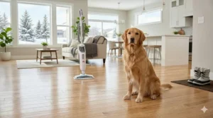 A golden retriever sitting near a steam-cleaned floor, highlighting the best steam mop for pet-owning Canadian households.
