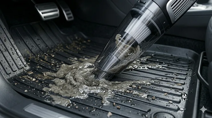 An illustrative graphic of a wet dry handheld vacuum suctioning muddy slush and water from a textured rubber car mat.