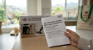 An illustration of the 2-in-1 steam mop and handheld user guide featuring English and French instructions (Mode d'emploi bilingue).