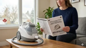 Illustration of a multi-purpose steam cleaner with a bilingual English and French safety manual, perfect for the Canadian market.