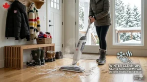 Illustration of a mudroom entryway in Canada with a steam mop removing dried salt and slush stains from hardwood.