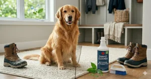 A well-organized Canadian mudroom featuring essential winter supplies including a specialized carpet cleaner for salt stains.