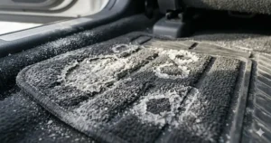 Close-up of stubborn white calcium chloride residue on a vehicle floor mat before using a carpet cleaner for salt stains.