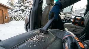 Alt text for image 6: Specialized vacuum nozzle cleaning tight crevices between car seats to remove winter debris and grit.