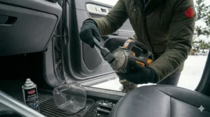Integrated LED lights on a cordless car vacuum illuminating a dark vehicle footwell during a short Canadian winter day.