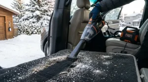 Alt text for image 2: Heavy-duty car vacuum for winter cleaning dried road salt and white stains from vehicle carpeting.