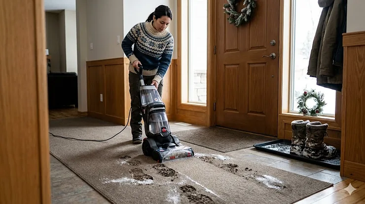 A person using a carpet cleaner for snow boot marks on a beige entryway rug in a Canadian home during winter.