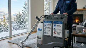 A graphic showing a carpet cleaning machine alongside bilingual English and French instructional icons for Canadian users.