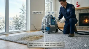 A split illustration showing a dull, stained carpet transformed into a bright, clean surface using a high-efficiency carpet cleaning machine.