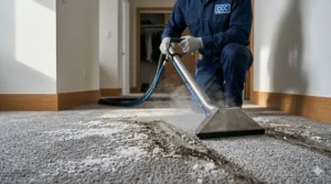 Illustration of a carpet cleaning machine removing white salt and slush stains from a dark hallway rug in a Canadian home.