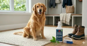 Comparison showing a rug covered in Canadian road salt versus a clean rug after treatment with a professional-grade cleaner.