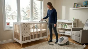 A multi-purpose steam cleaner used in a nursery setting, highlighting safe, non-toxic cleaning for Canadian families.