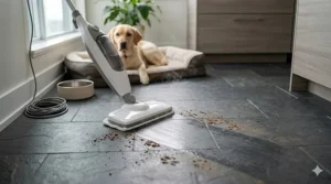 Cleaning muddy paw prints off a kitchen floor with a chemical-free steam mop under $100, safe for pets.