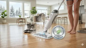 A green leaf icon next to a steam mop, emphasizing eco-friendly, chemical-free floor sanitization for Canadian families.