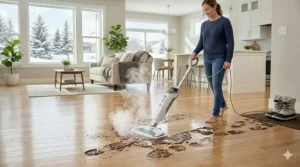 High-temperature steam cleaning effectively removing muddy boot prints from a mudroom floor after a spring thaw.