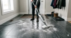 Removing white winter road salt stains from an entryway tile floor using a budget steam mop under 100 dollars.