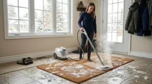 A multi-purpose steam cleaner removing white salt stains and slush residue from a Canadian mudroom entryway rug.