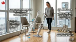 A slim, easy-to-store steam mop designed for small-space hardwood floor maintenance in a Vancouver or Toronto condo.