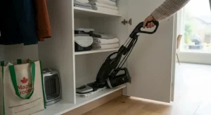 The 2-in-1 steam mop and handheld stored neatly in a small closet, designed for space-saving in Canadian apartments and condos.
