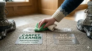 Comparison of professional carpet cleaner vs. DIY vinegar solution for stubborn snow boot salt marks.